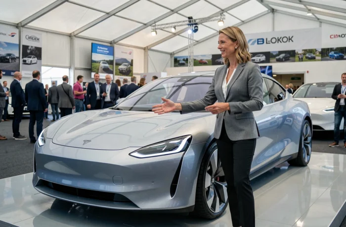 Femme experte en automobile présentant une voiture électrique de concept lors d'un salon automobile en plein air