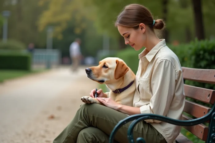 Jeune femme soignant les griffes de son Labrador dans un parc parisien