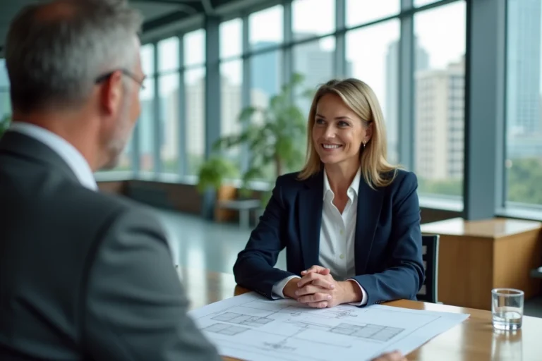 Conseillère financière et client discutant de solutions immobilières dans un bureau moderne avec vue sur la ville