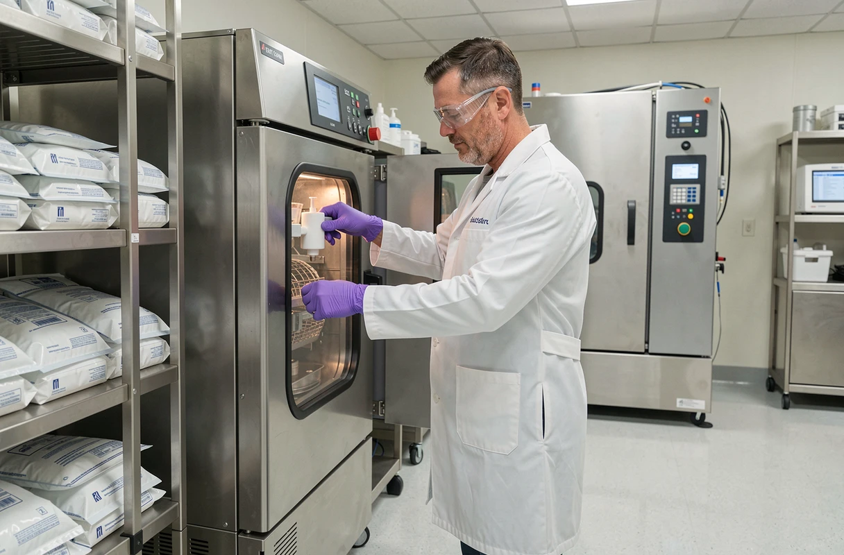 Technicien biomédical stérilisant du matériel médical emballé dans un autoclave en service de stérilisation centrale