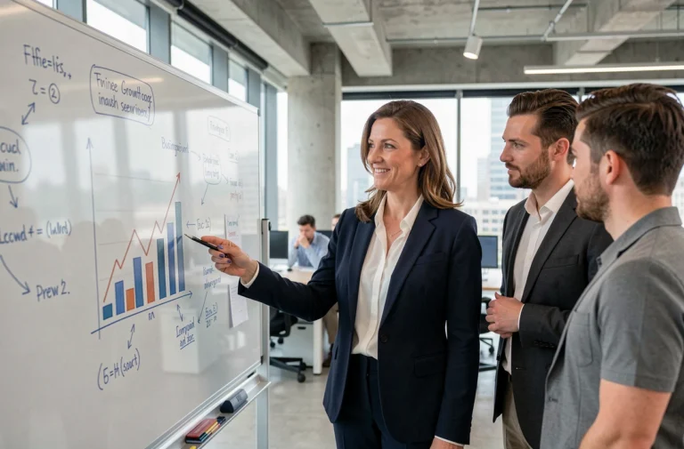 Femme cadre présentant une stratégie de croissance B2B sur un tableau blanc dans un bureau moderne