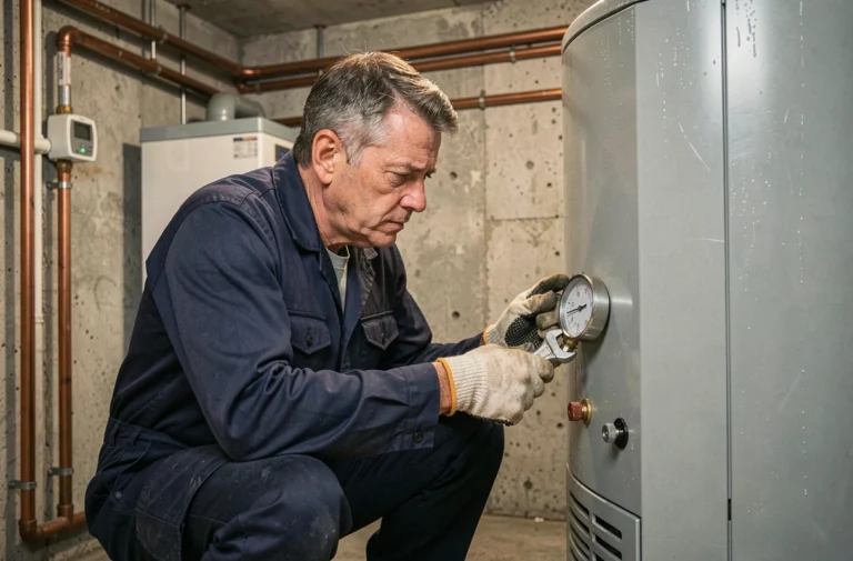 Technicien chauffagiste inspectant le manomètre d'une chaudière murale dans une chaufferie résidentielle