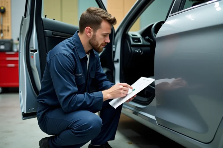 Technicien automobile consultant un schéma de boîtier à fusibles pour localiser le fusible du verrouillage centralisé