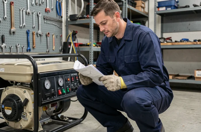 Technicien consultant le manuel d'utilisation du générateur SDMO Phoenix 3000 dans un atelier