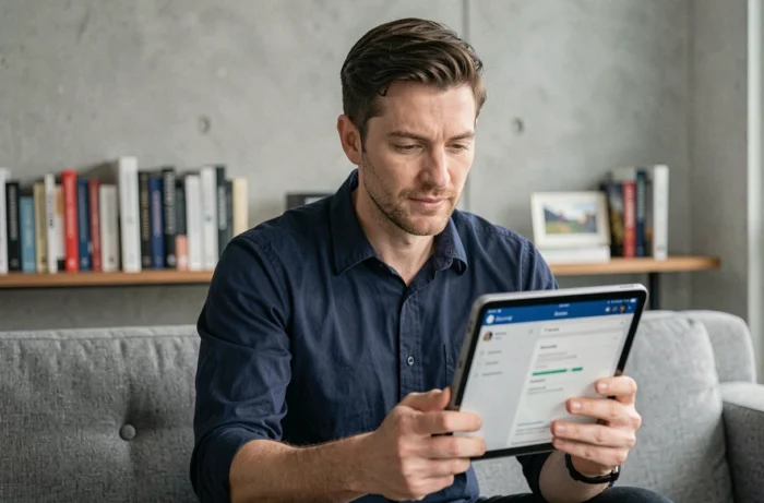 Homme utilisant une tablette pour télécharger des fichiers rapidement dans un salon moderne