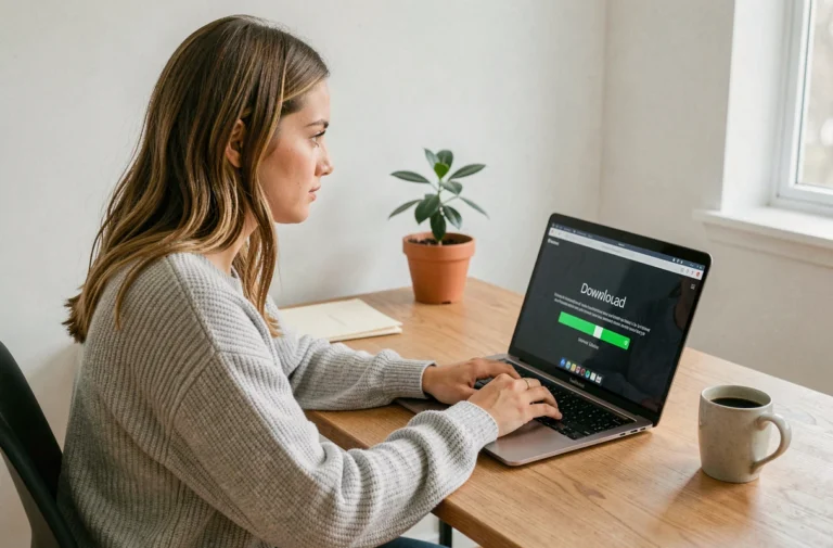 Jeune femme téléchargeant des fichiers sur un ordinateur portable dans un bureau à domicile moderne