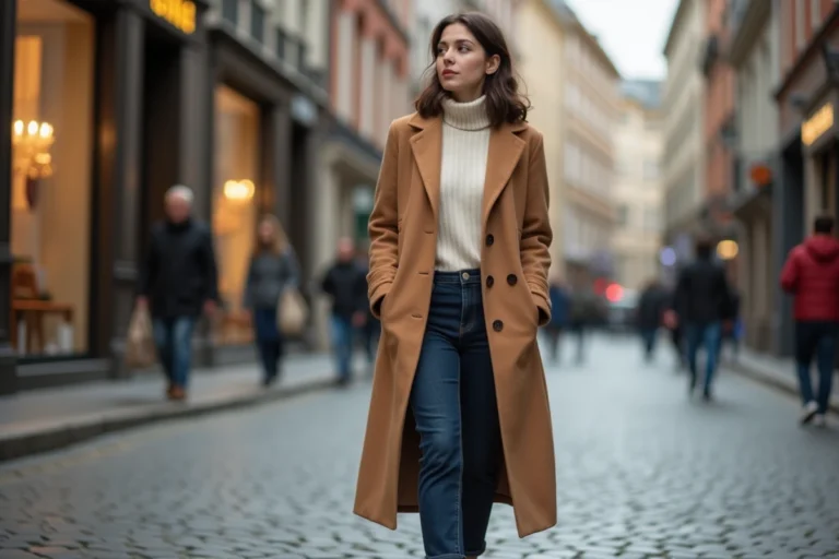 Femme portant un manteau camel tendance en laine et un jean indigo dans une rue pavée européenne en automne