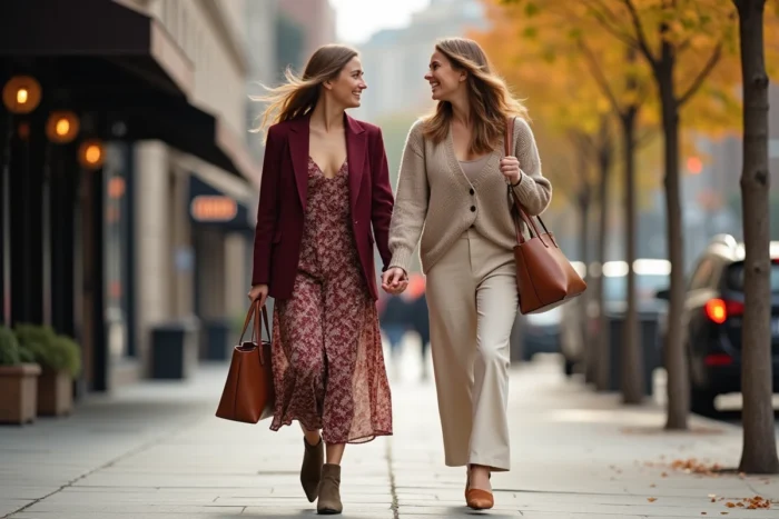 Deux femmes élégantes portant les dernières tendances mode de la saison en marchant sur un boulevard parisien en automne