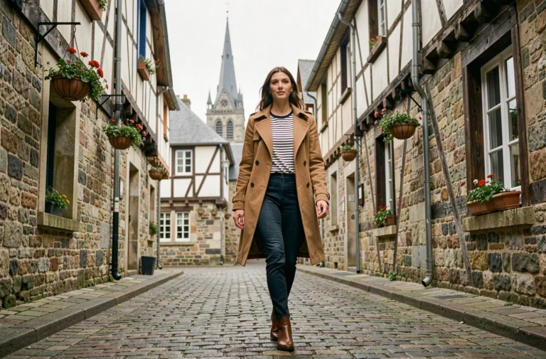 Femme élégante en trench coat camel et marinière bretonne se promenant dans les rues pavées du vieux Quimper avec la cathédrale en arrière-plan