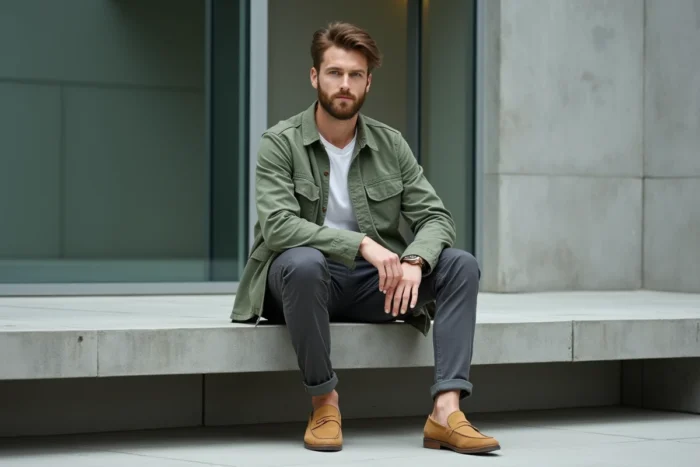 Homme en veste utilitaire verte tendance assis dans un espace architectural moderne aux murs en béton
