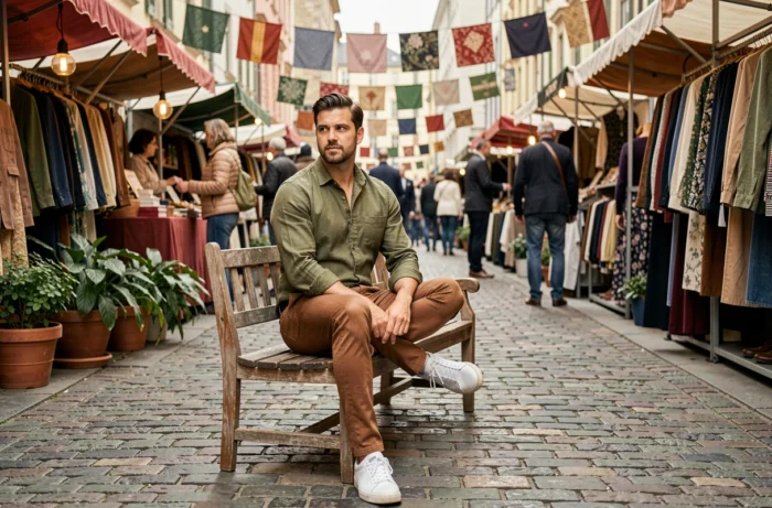 Homme décontracté en tenue casual chic assis dans un marché de mode urbain en plein air avec des stands de vêtements vintage