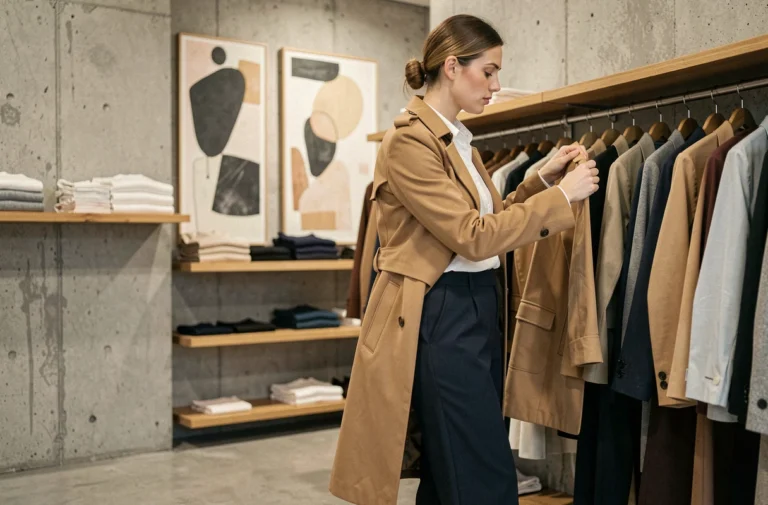 Femme élégante en trench-coat camel feuilletant des vêtements dans une boutique de mode minimaliste au style contemporain