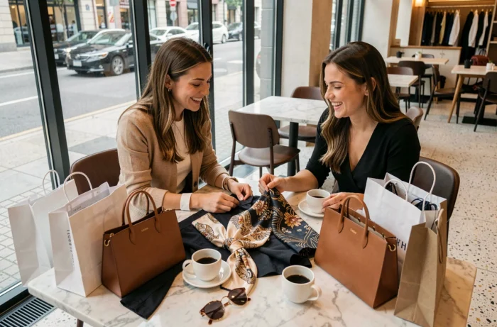 Deux femmes souriantes faisant une pause shopping dans un café élégant entourées de sacs et d'accessoires de mode tendance