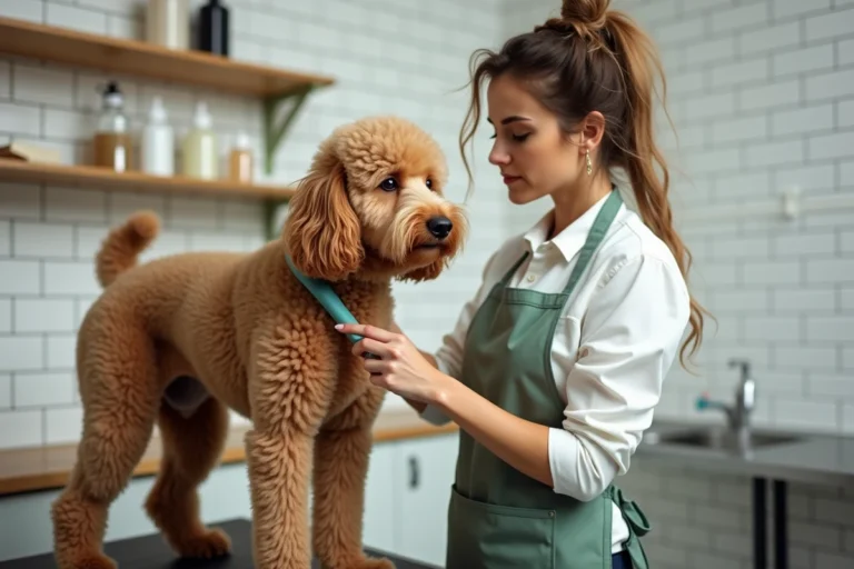 Toiletteuse professionnelle brossant un caniche standard dans un salon de toilettage moderne en France