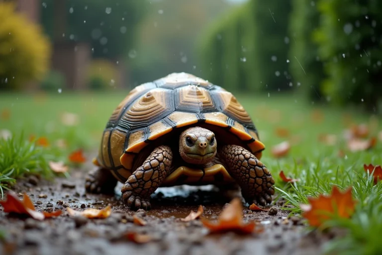 Tortue de terre marchant sur un sol mouillé sous la pluie dans un jardin verdoyant