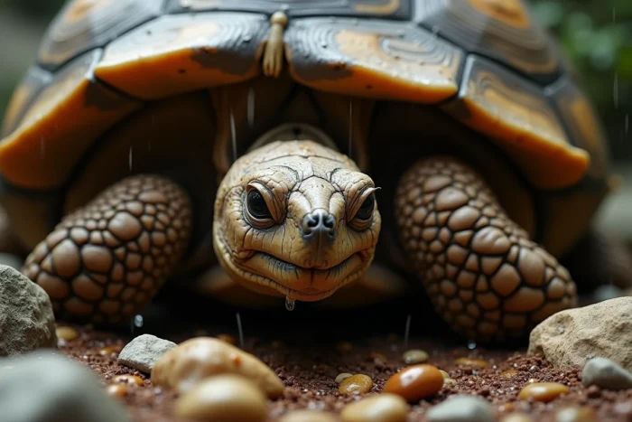 Gros plan d'une tortue grecque abritée sous une pierre avec des gouttes de pluie sur sa carapace
