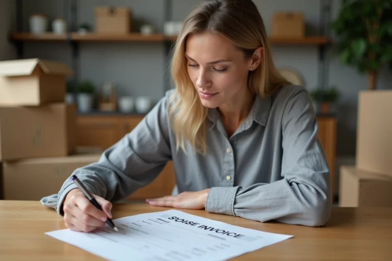 Femme vérifiant une facture de déménagement à une table en bois entourée de cartons