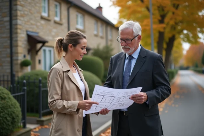 Deux professionnels de l'immobilier examinant un plan cadastral devant une propriété lors d'une vérification foncière