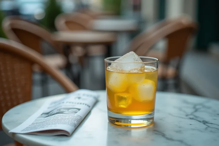 Verre de pastis Ricard sur une table de café avec une brochure médicale, symbolisant les risques sanitaires de l'alcool