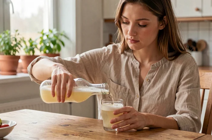 Femme versant du Champomy dans un verre à table pour illustrer une consommation rapide après ouverture