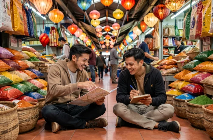Deux voyageurs consultant une carte dans un marché asiatique coloré et animé lors d'une aventure culturelle